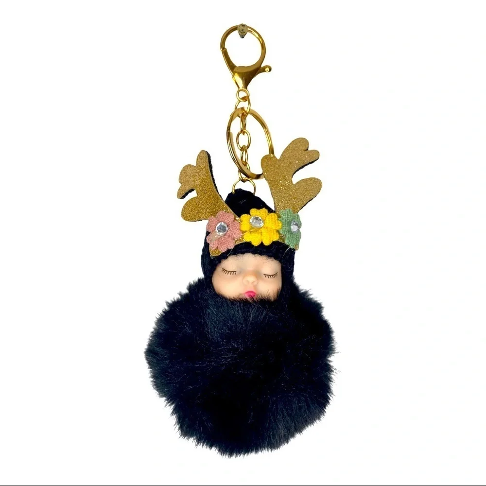 SLEEPY BABY BIG POMPON IN BLACK CHARM‎ KEYCHAIN